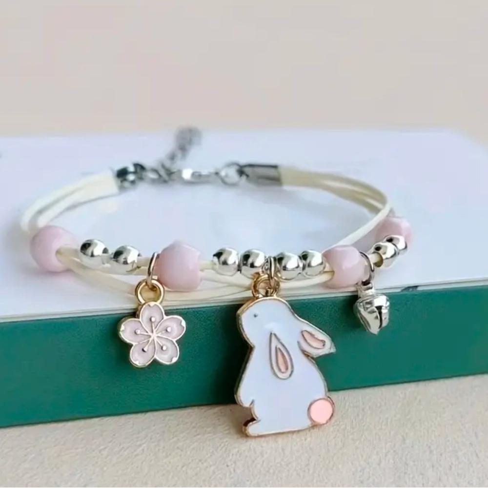 Charming Pink and White Bunny Bracelet for Adult or Child.  8.5" in lenth.